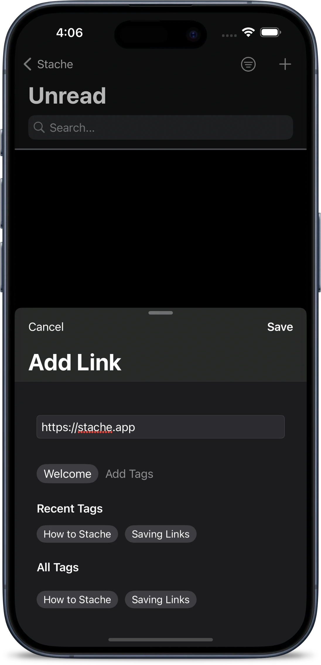 Add Link sheet inside Stache on an iPhone, showing how links can be saved from the pasteboard inside Stache.