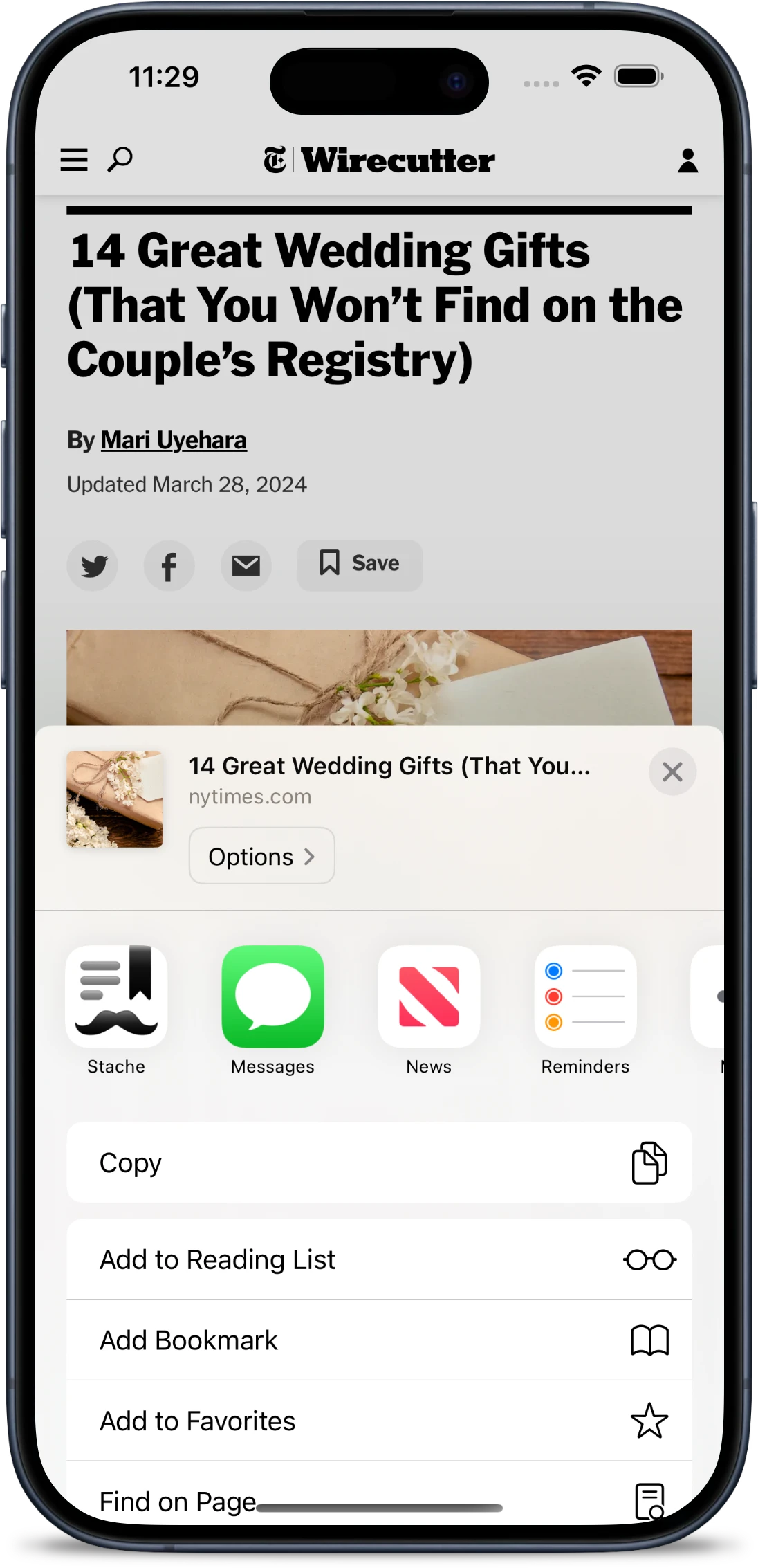 The system share menu on an iPhone with the Stache icon at the beginning, demonstrating that links can be saved to Stache from the iOS system share sheet.