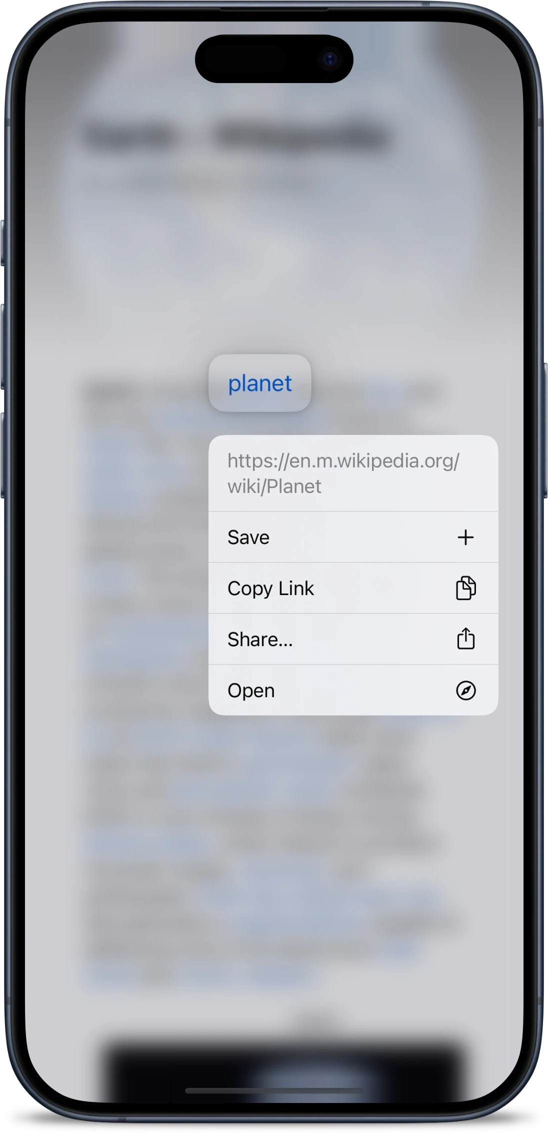 Picture of the menu that appears when long pressing on a link in the Stache Viewer on an iPhone emphasizing the Save option at the top of the menu.