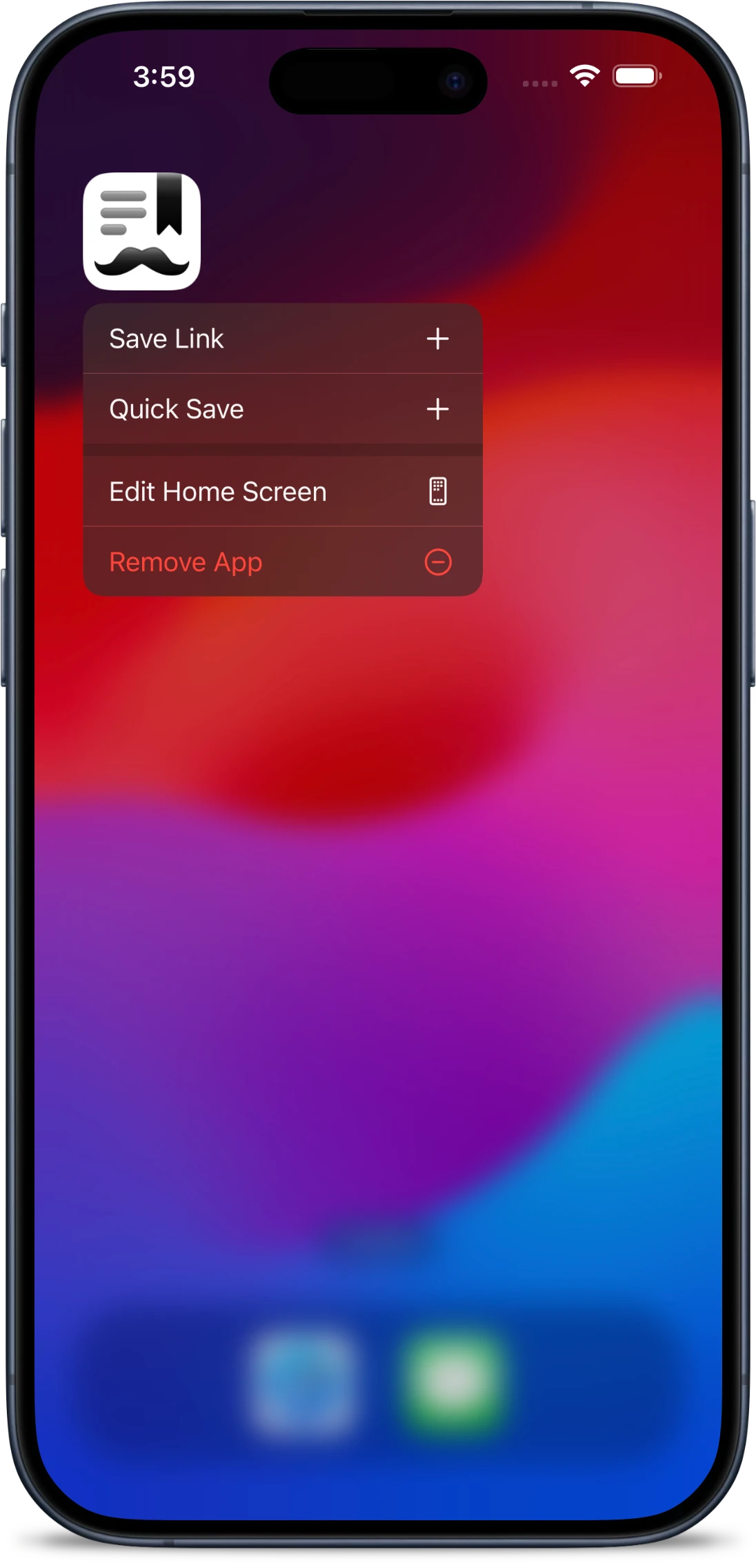 Menu that appears when long pressing on a link in the Stache Viewer on an iPhone, showing that links can be saved while reading webpages inside Stache.