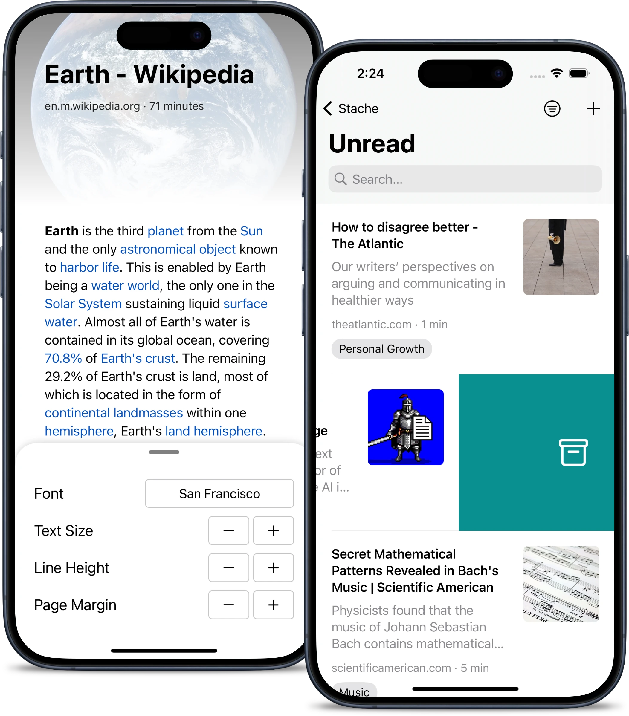 The viewer styles editor pane on an iPhone, with options to customize your font, font size, line spacing, and page margin.