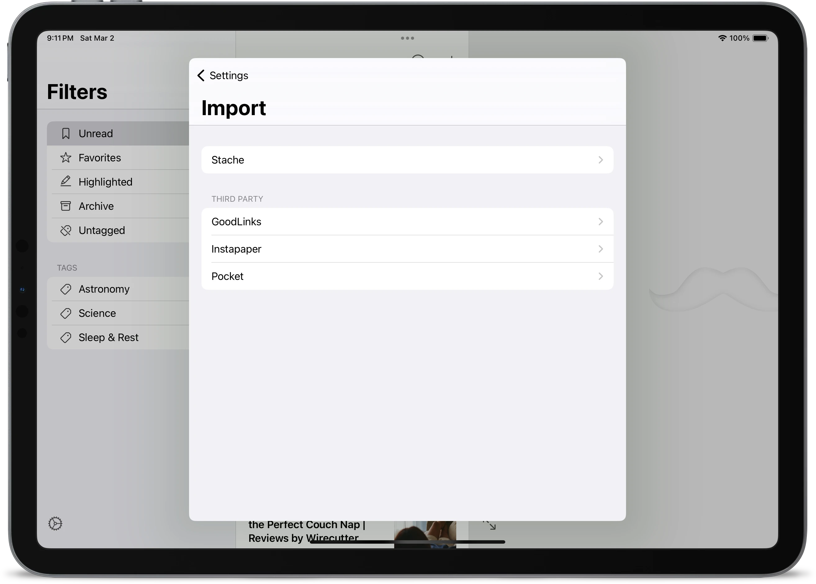 Screenshot of the import screen on iPad with options to import from Stache, Goodlinks, Instapaper, and Pocket.