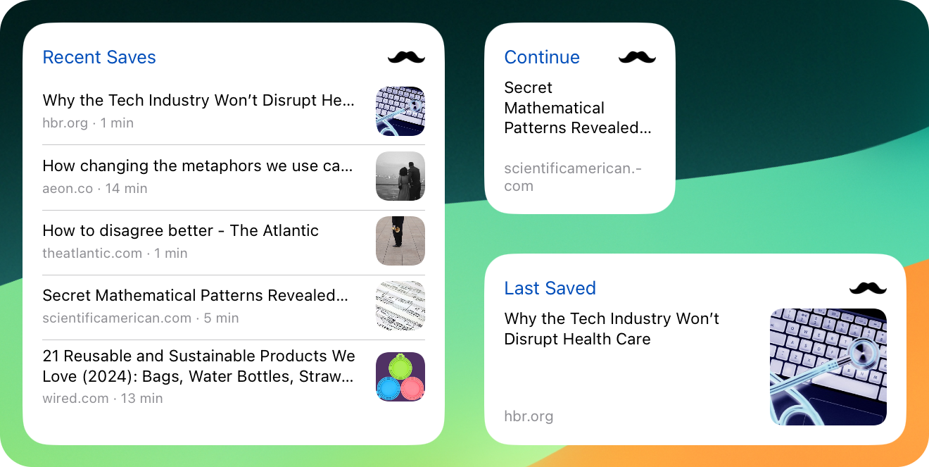 Several example Stache homescreen widgets - a large 