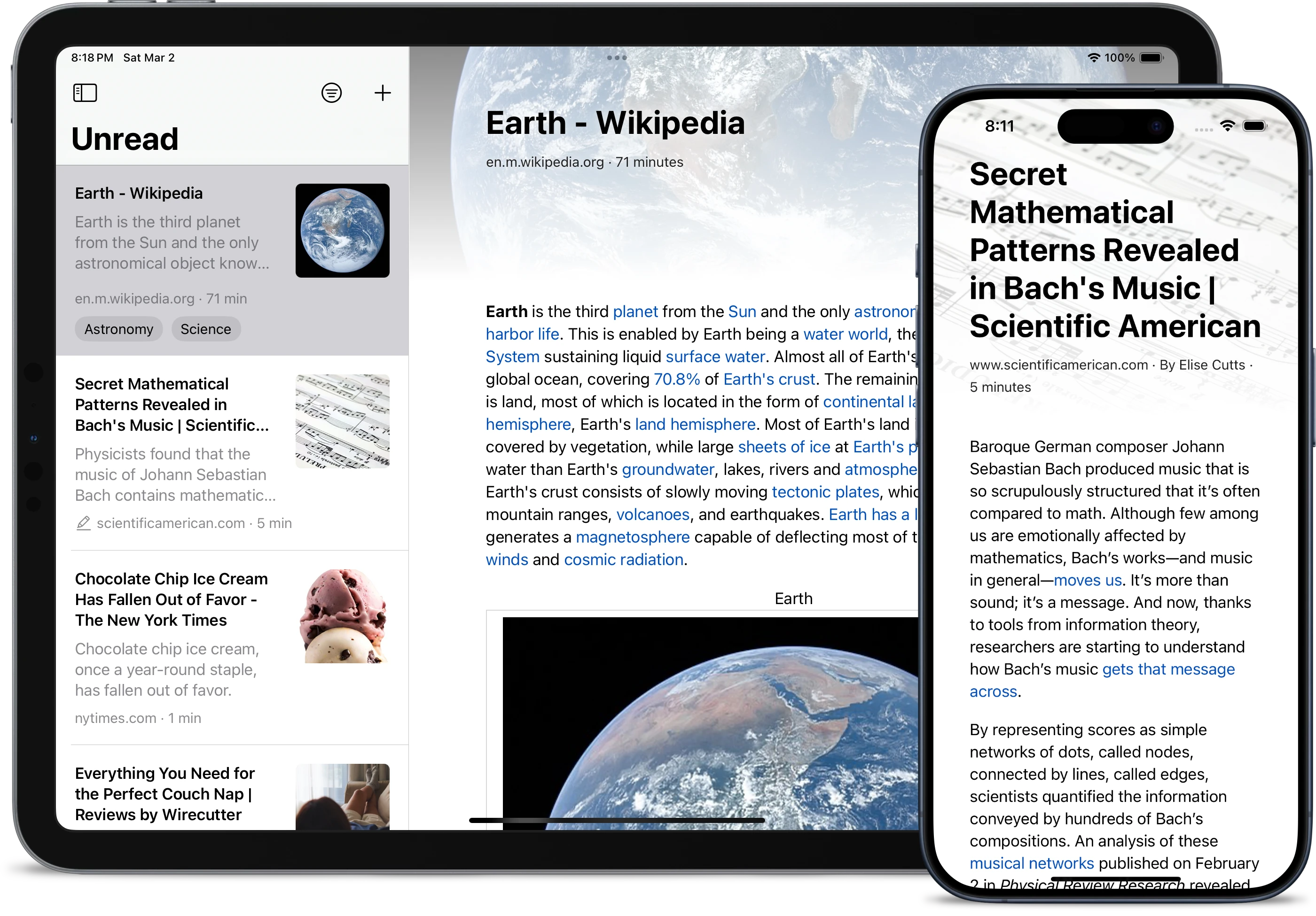Stache links list with an article open on an iPad, and an article open on an iPhone.