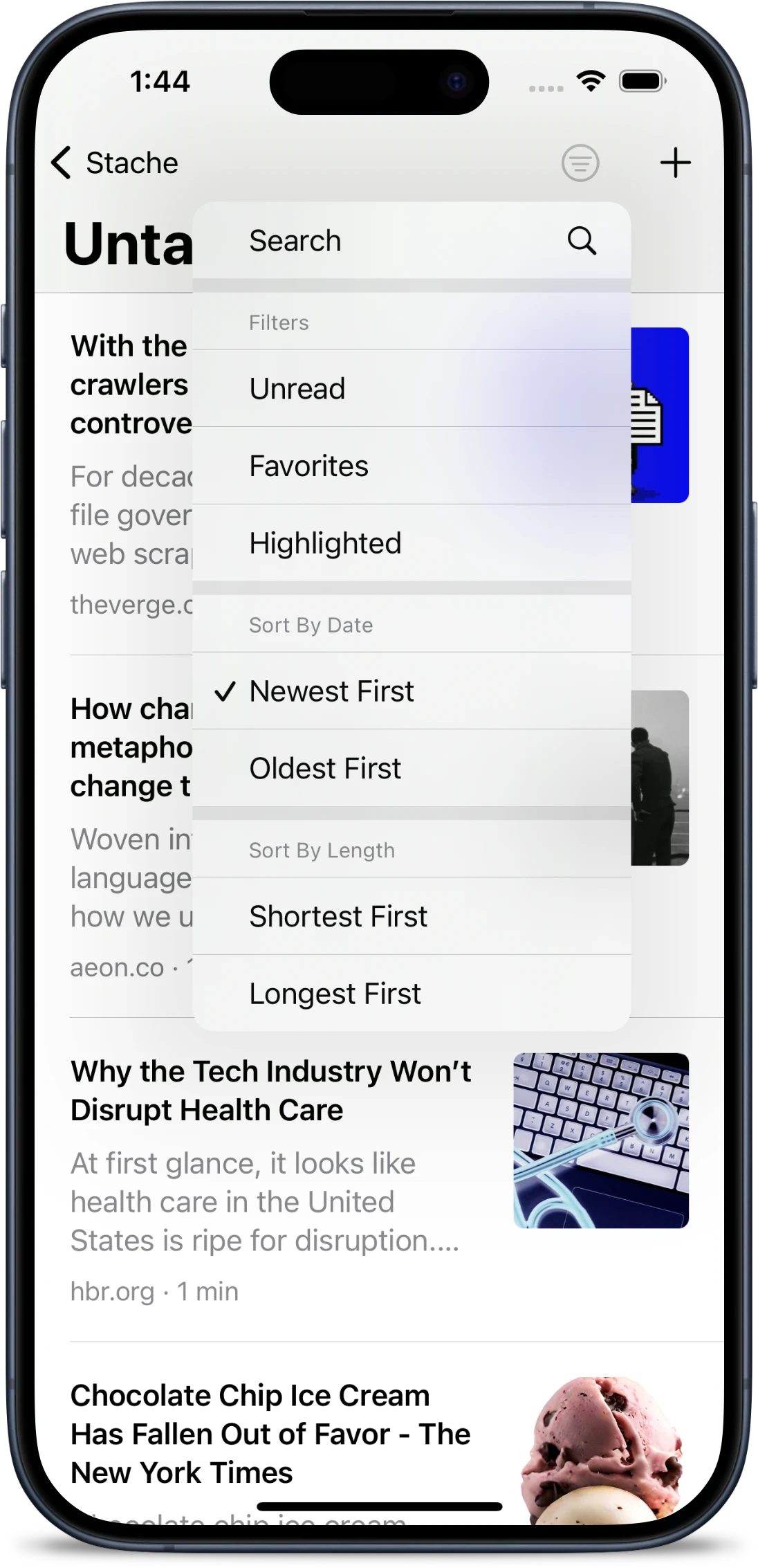 Open Filter and Sort Menu on an iPhone.