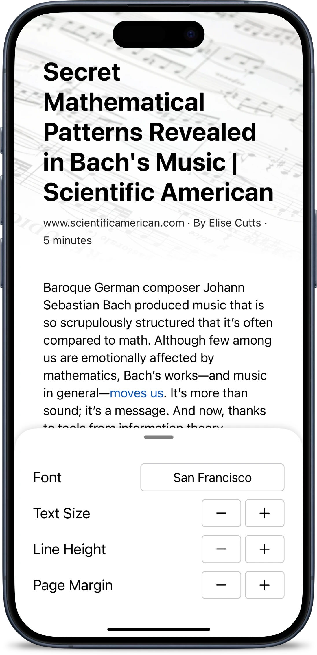The viewer styles editor pane on an iPhone, with options to customize your font, font size, line spacing, and page margin.