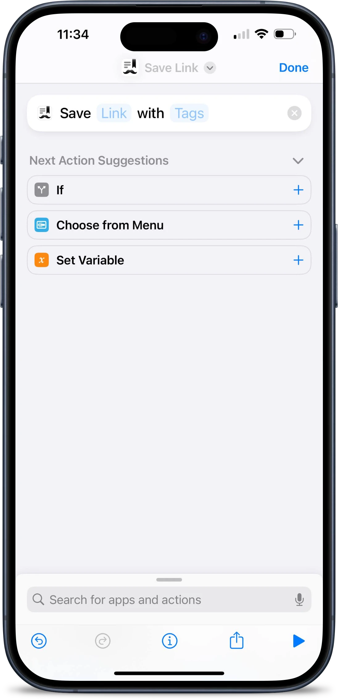 Shortcut open in system shortcuts with the Save url to Stache action added.
